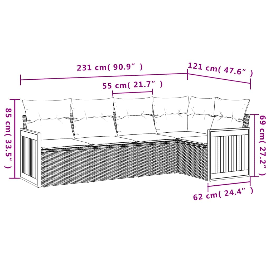 5-teiliges Gartensofa-Set mit Kissen, schwarzes Polyrattan