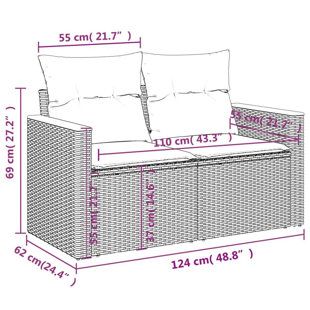 5-teiliges Gartensofa-Set mit Kissen, grau, Polyrattan