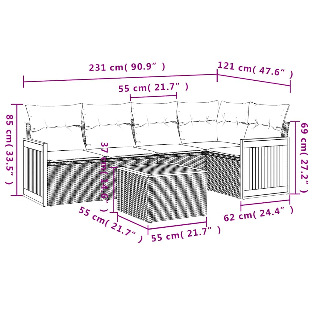6-teiliges Gartensofa-Set mit Kissen, schwarzes Polyrattan
