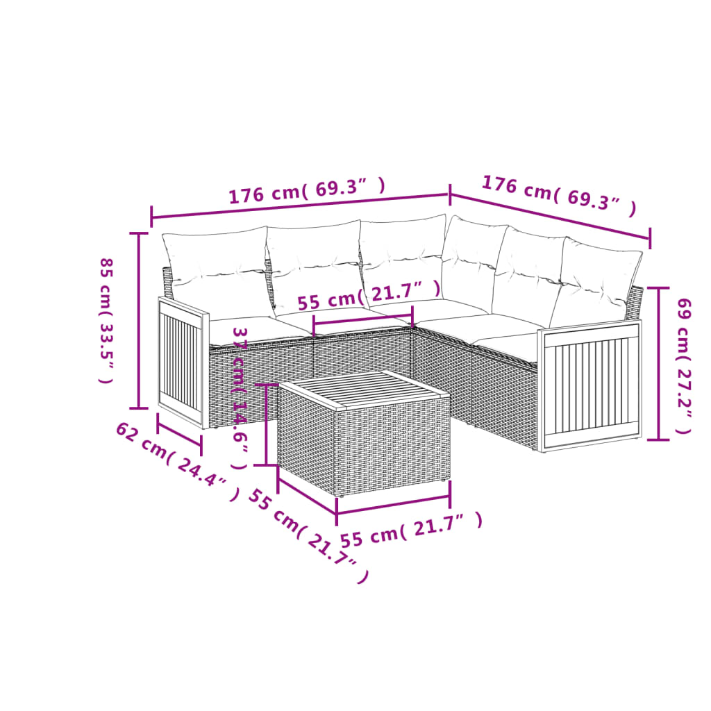 6-teiliges Gartensofa-Set mit Kissen, schwarzes Polyrattan