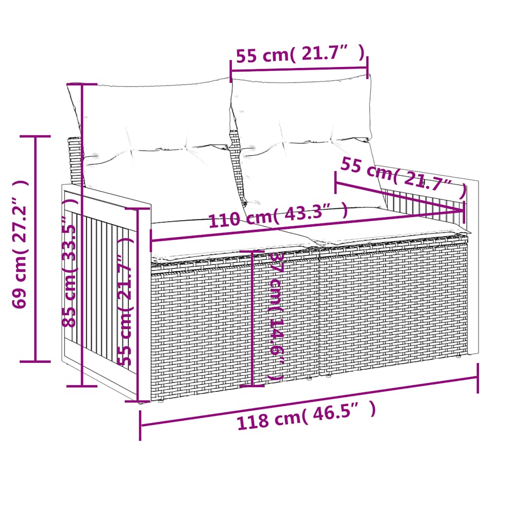6-teiliges Gartensofa-Set mit Kissen, schwarzes Polyrattan