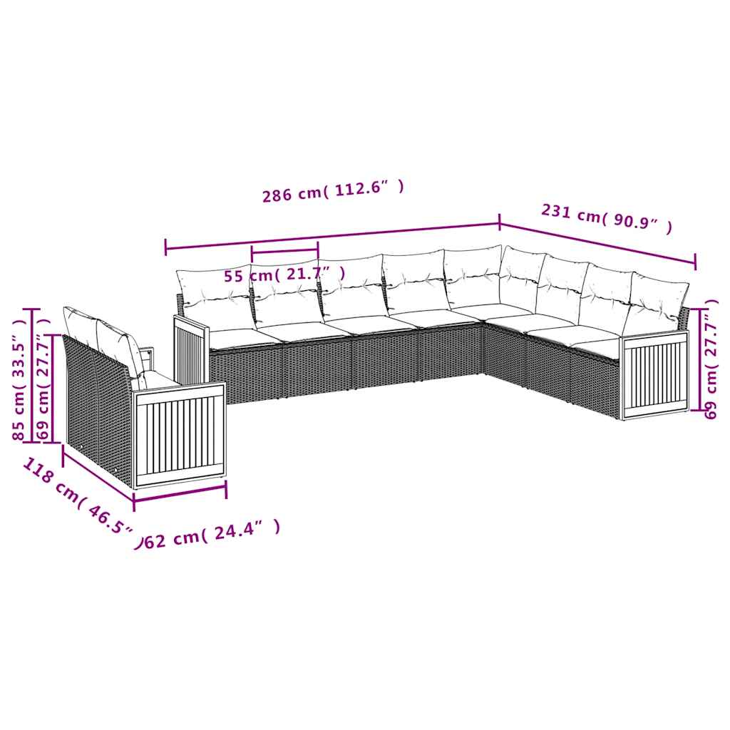 10-teiliges Gartensofa-Set mit Kissen, schwarzes Polyrattan