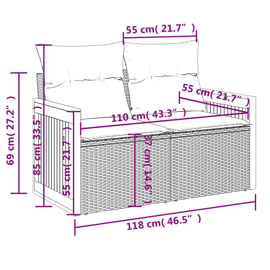 11-teiliges Gartensofa-Set mit Kissen, schwarzes Polyrattan