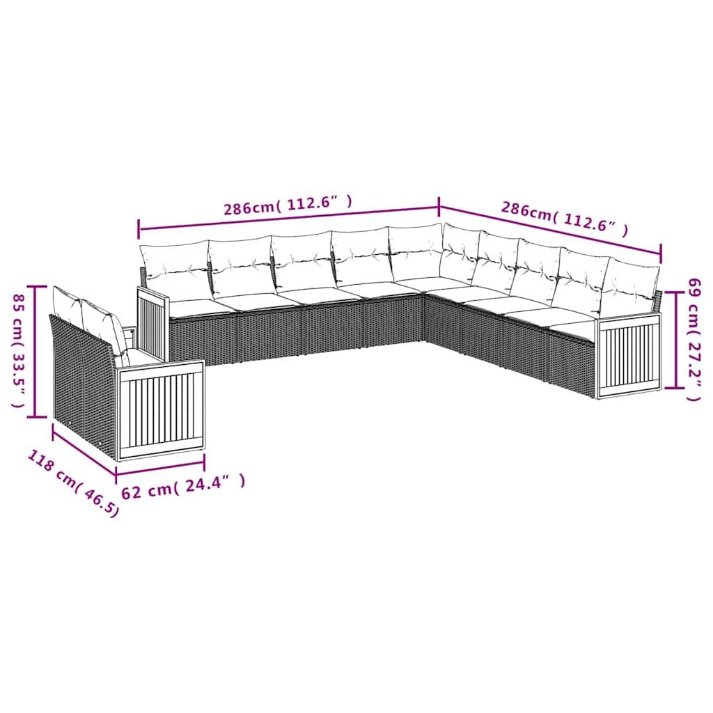 11-teiliges Gartensofa-Set mit Kissen, schwarzes Polyrattan