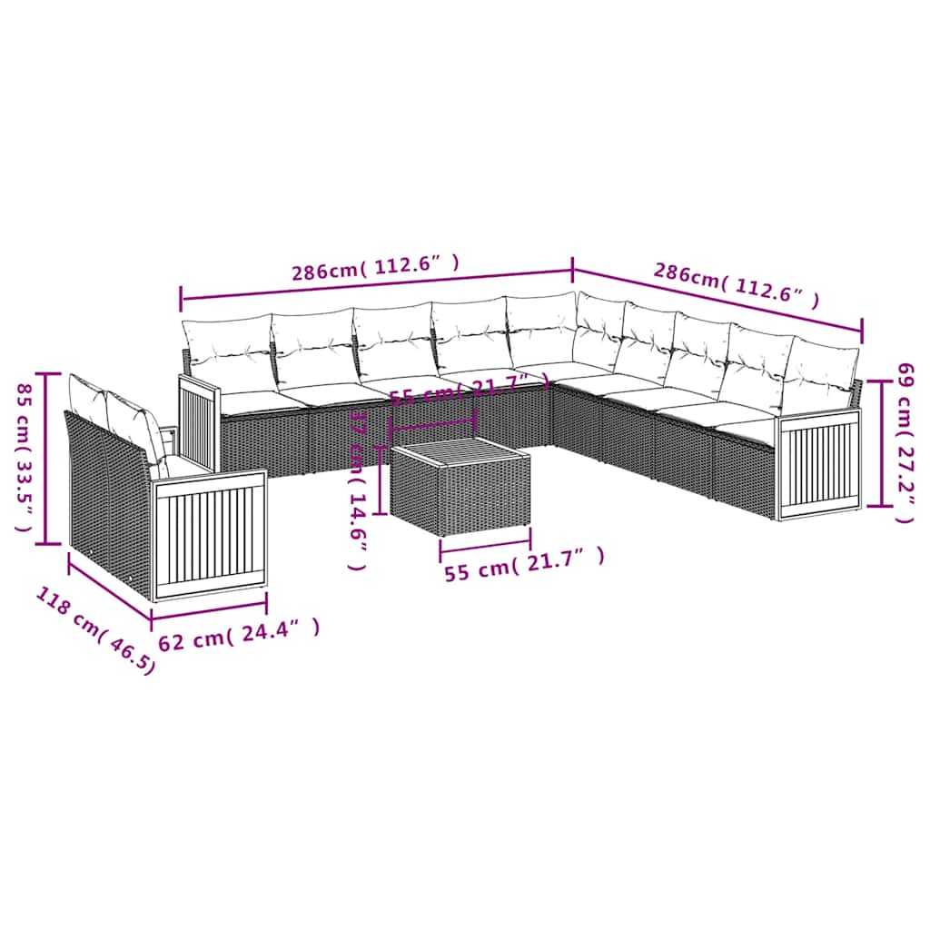 12-teiliges Gartensofa-Set mit Kissen, schwarzes Polyrattan