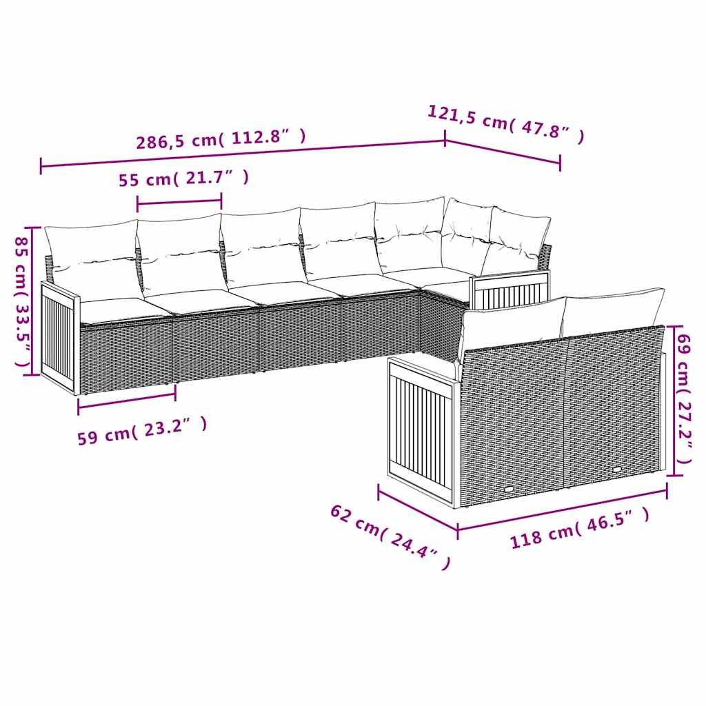 8-teiliges Gartensofa-Set mit Kissen, schwarzes Polyrattan