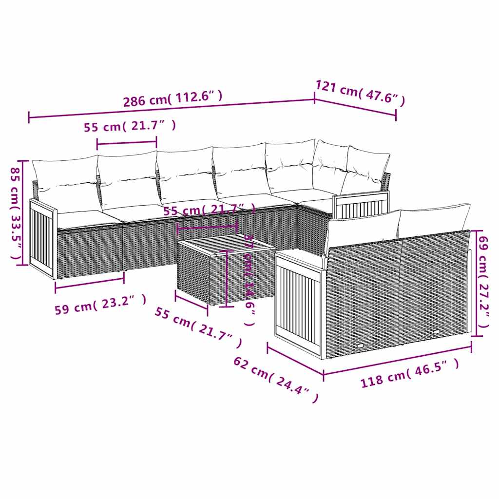 9-teiliges Gartensofa-Set mit Kissen, schwarzes Polyrattan