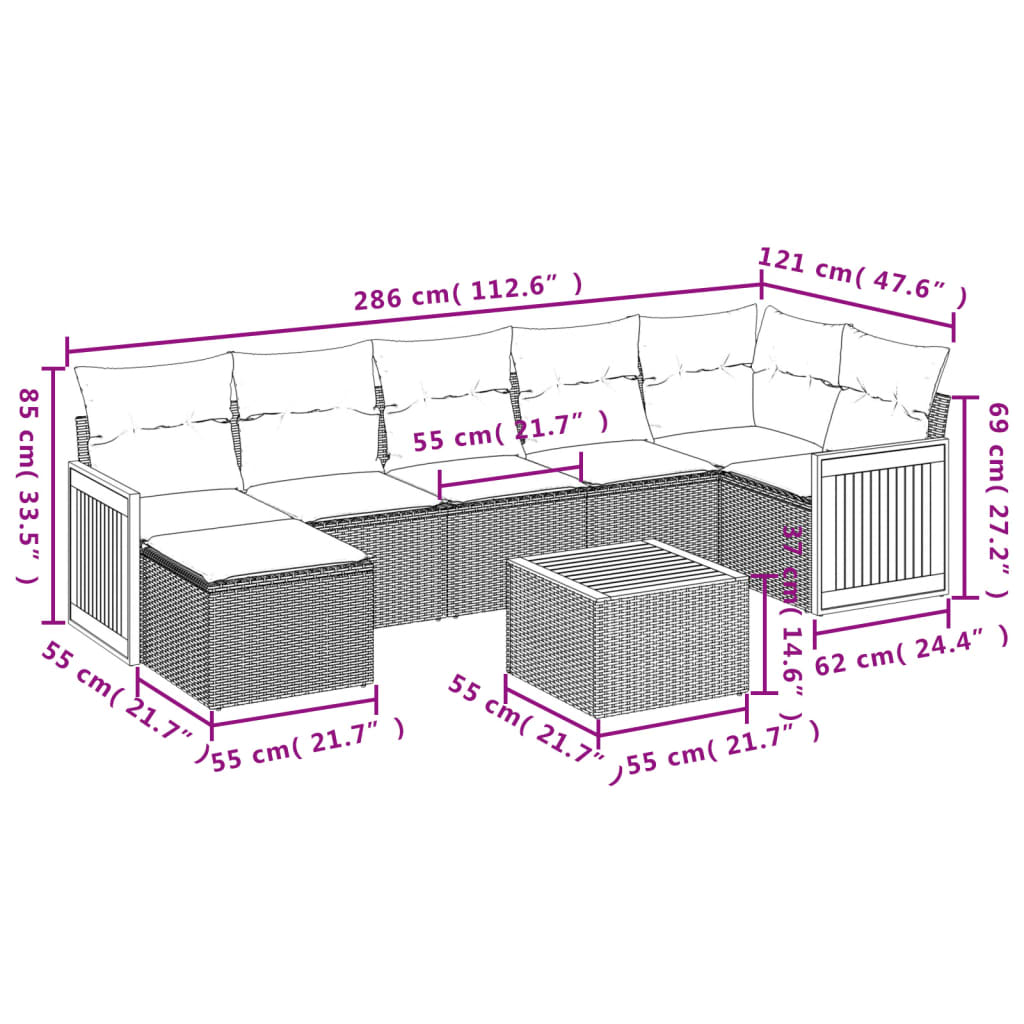 8-teiliges Gartensofa-Set mit Kissen, grau, Polyrattan