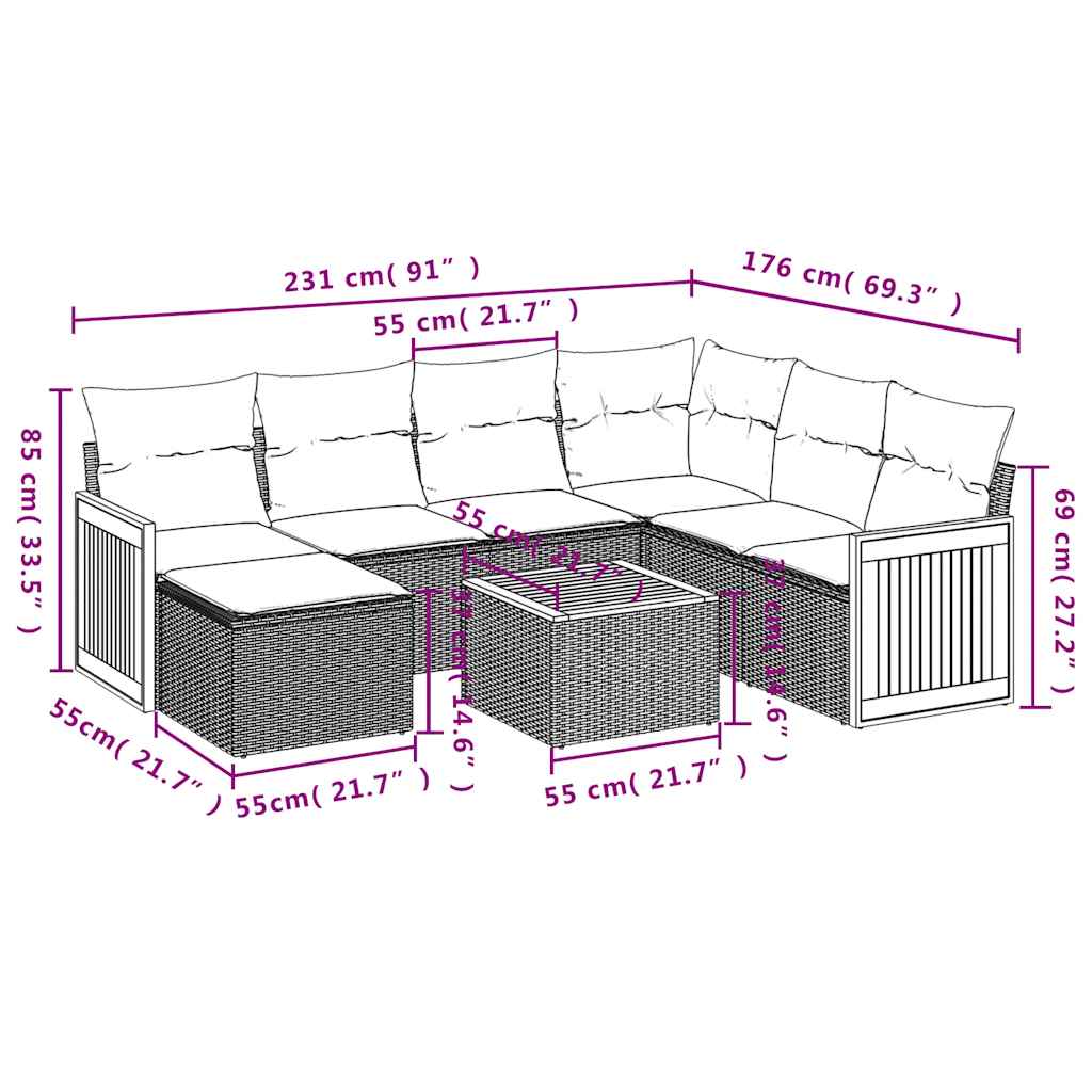 8-teiliges Gartensofa-Set mit Kissen, schwarzes Polyrattan
