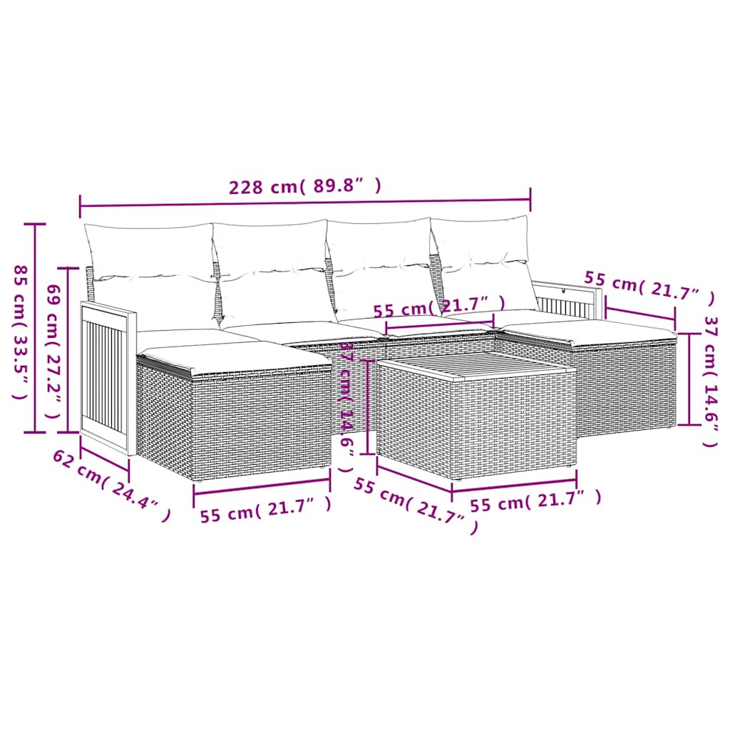 7-teiliges Gartensofa-Set mit Kissen, schwarzes Polyrattan