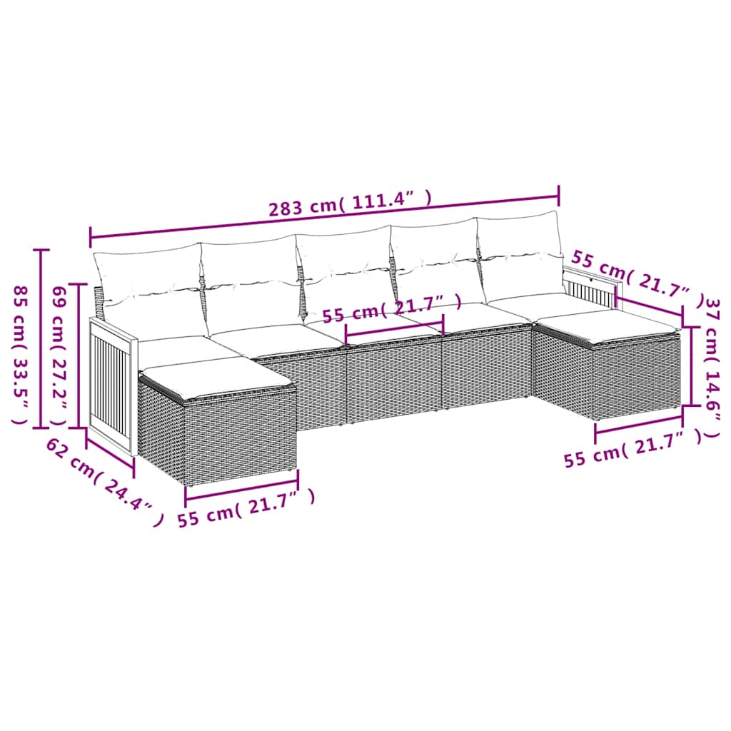 7-teiliges Gartensofa-Set mit Kissen, schwarzes Polyrattan