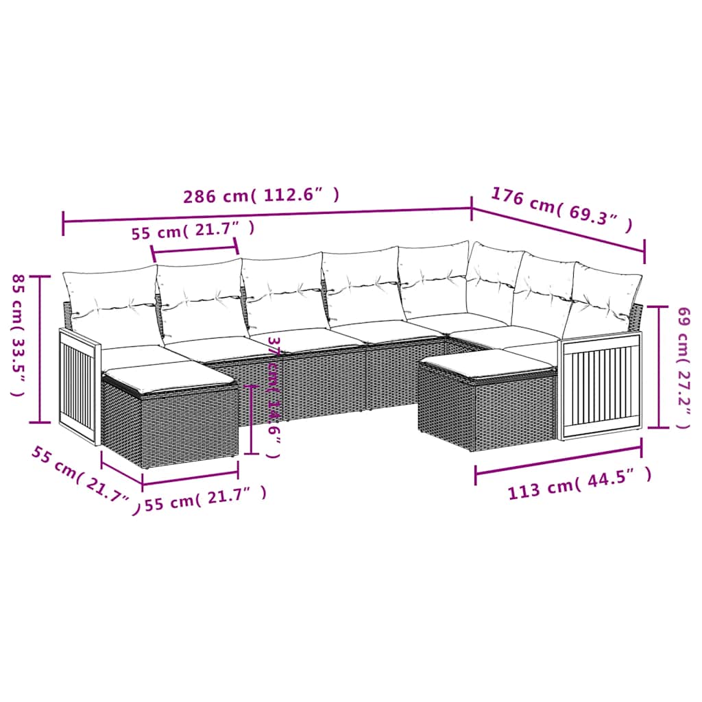 9-teiliges Gartensofa-Set mit Kissen, schwarzes Polyrattan