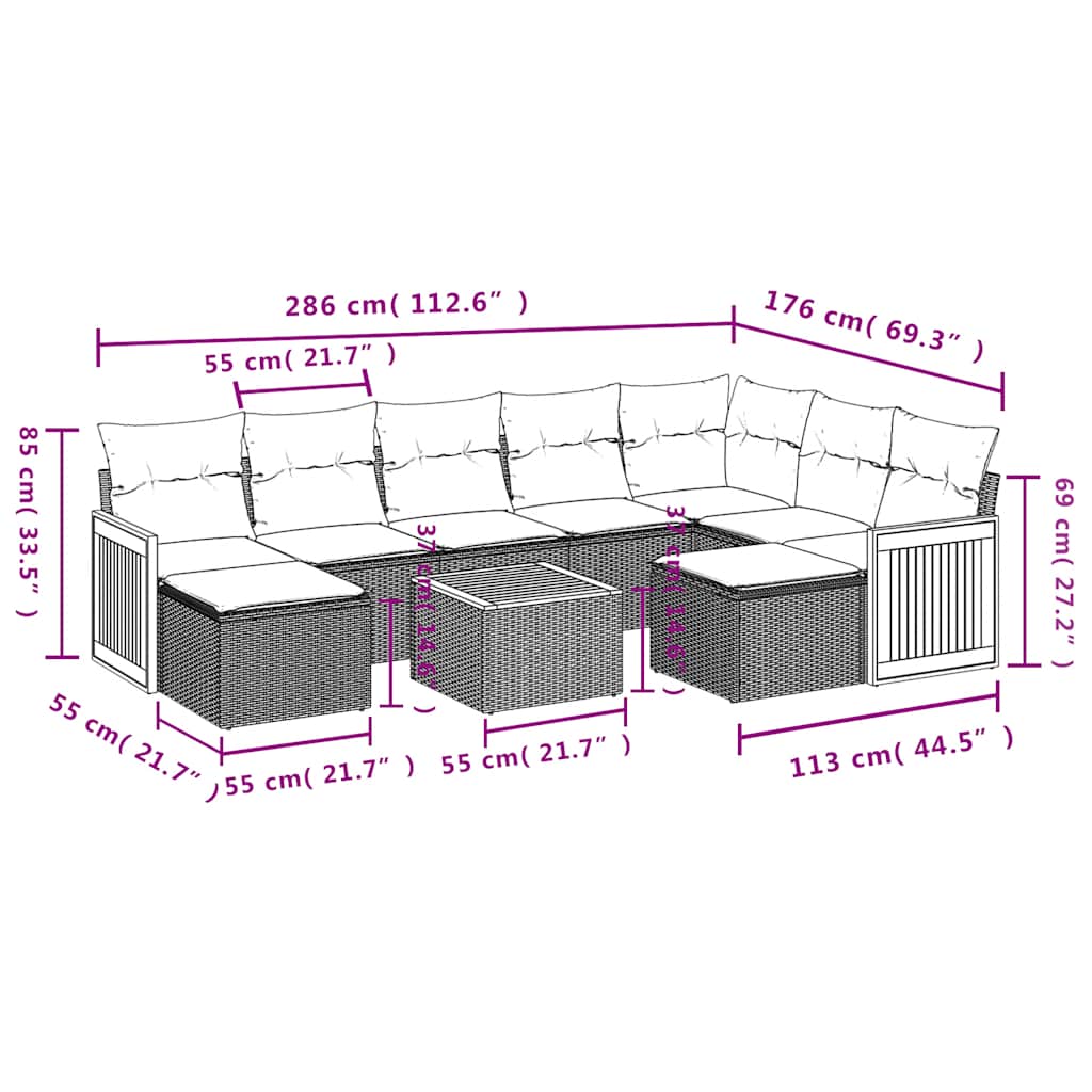 10-teiliges Gartensofa-Set mit Kissen, schwarzes Polyrattan