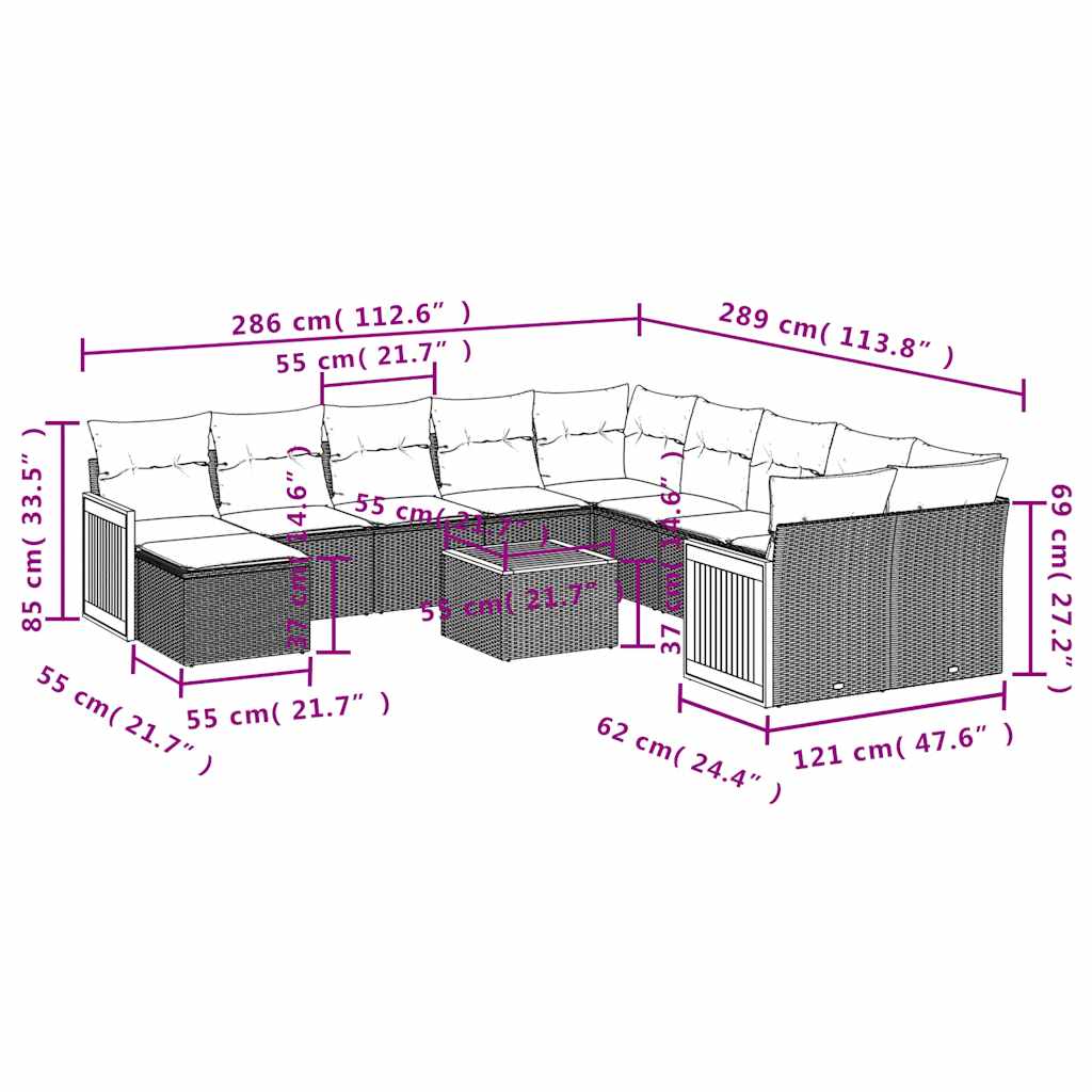 12-tlg. Garten-Sofagarnitur mit Kissen Schwarz Poly Rattan