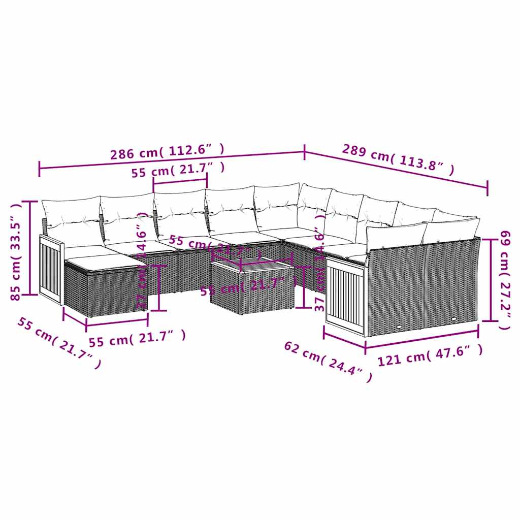 12-teiliges Gartensofa-Set mit Kissen, schwarzes Polyrattan