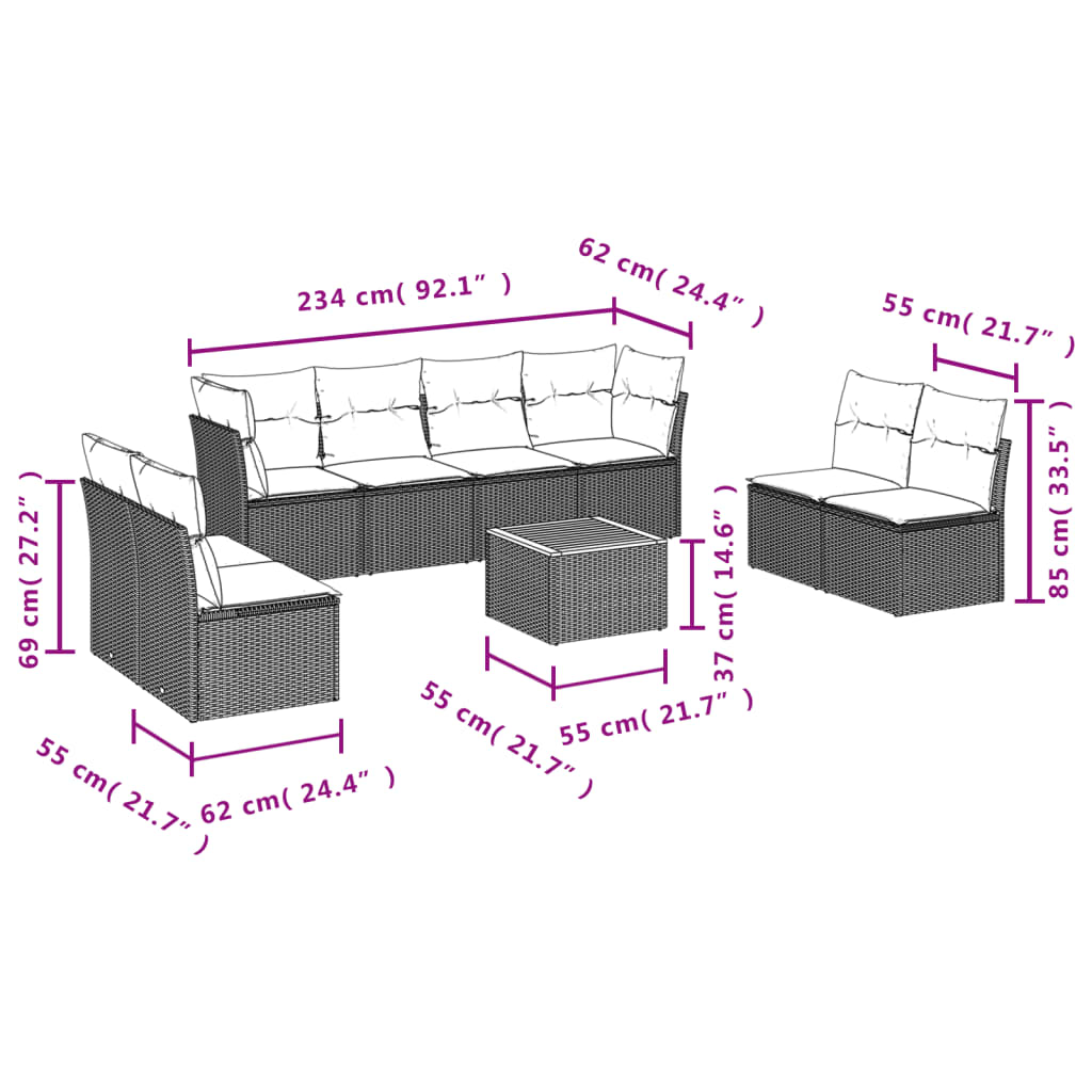 9-tlg. Garten-Sofagarnitur mit Kissen Schwarz Poly Rattan