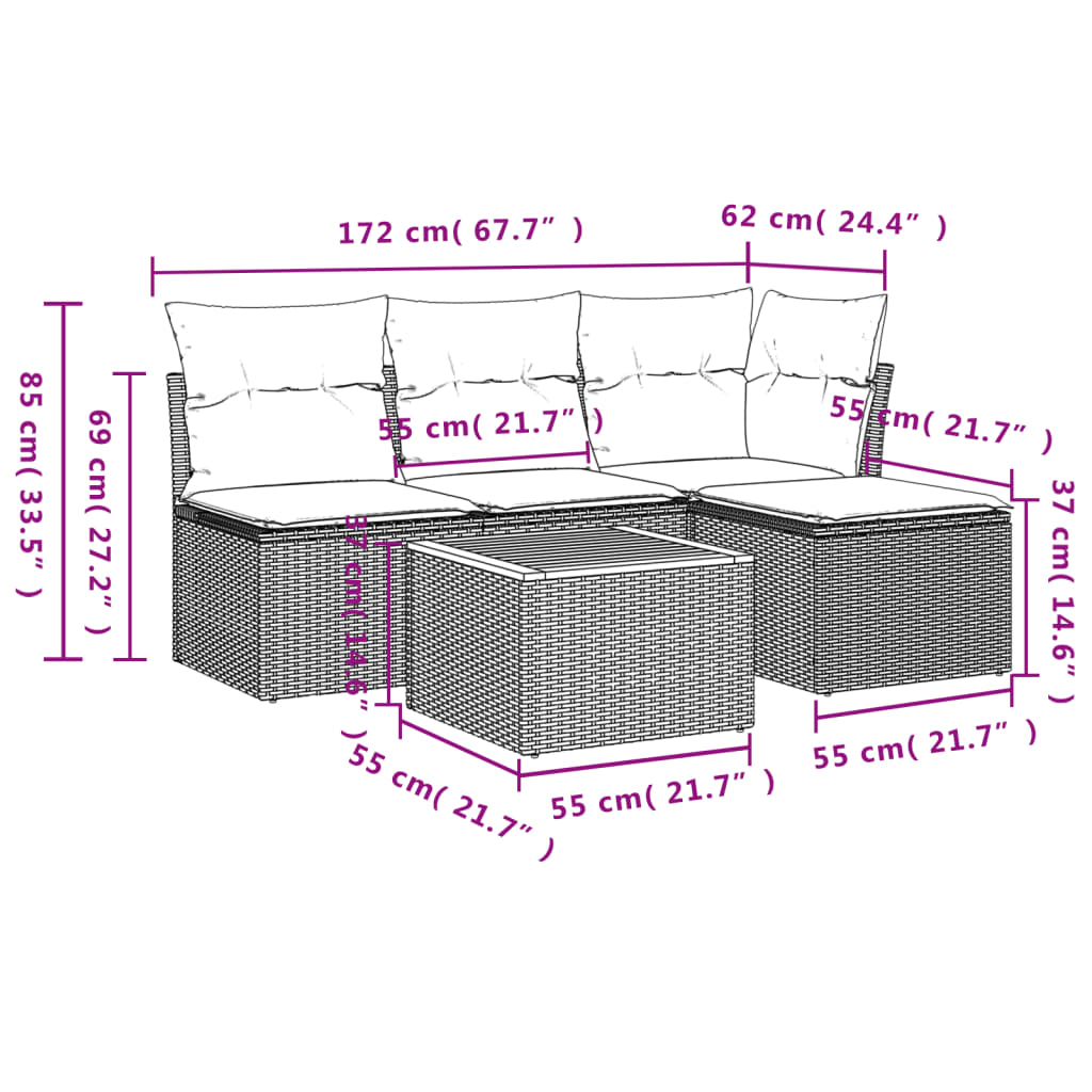 5-tlg. Garten-Sofagarnitur mit Kissen Grau Poly Rattan