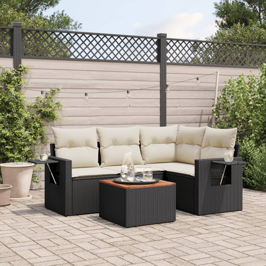5-tlg. Garten-Sofagarnitur mit Kissen Schwarz Poly Rattan