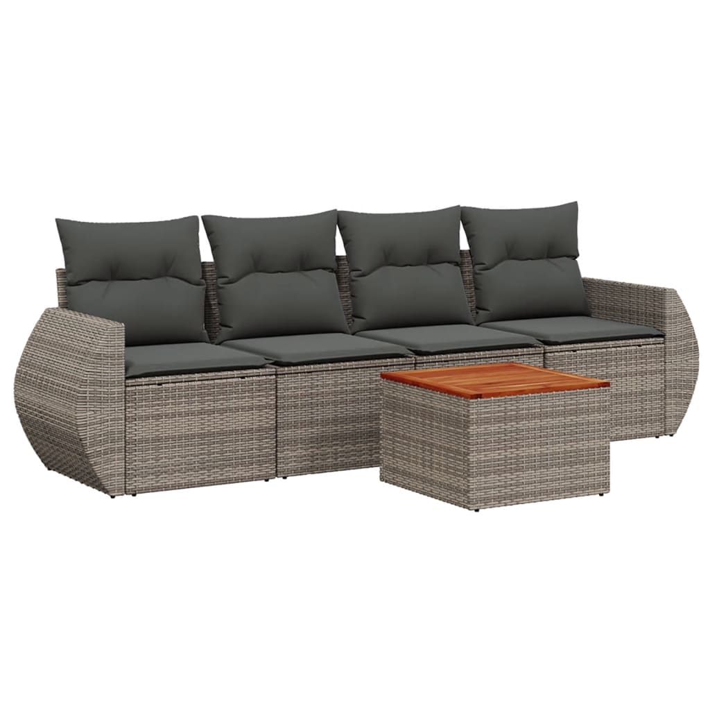 5-tlg. Garten-Sofagarnitur mit Kissen Grau Poly Rattan