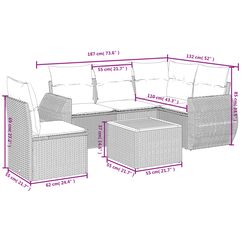 6-tlg. Garten-Sofagarnitur mit Kissen Grau Poly Rattan