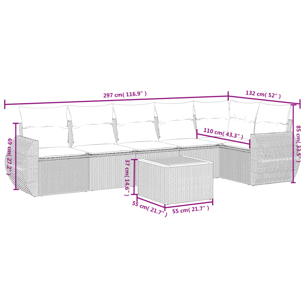 7-tlg. Garten-Sofagarnitur mit Kissen Schwarz Poly Rattan