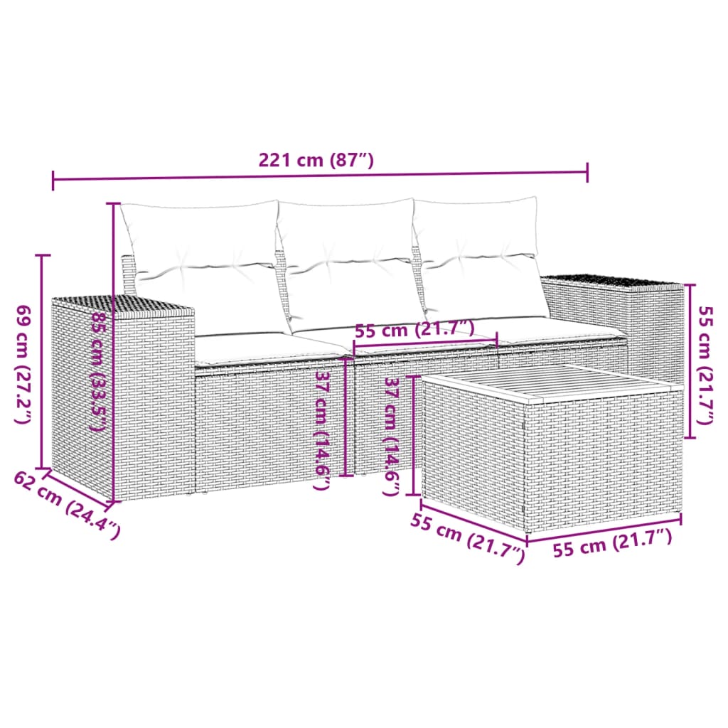 4-tlg. Garten-Sofagarnitur mit Kissen Grau Poly Rattan