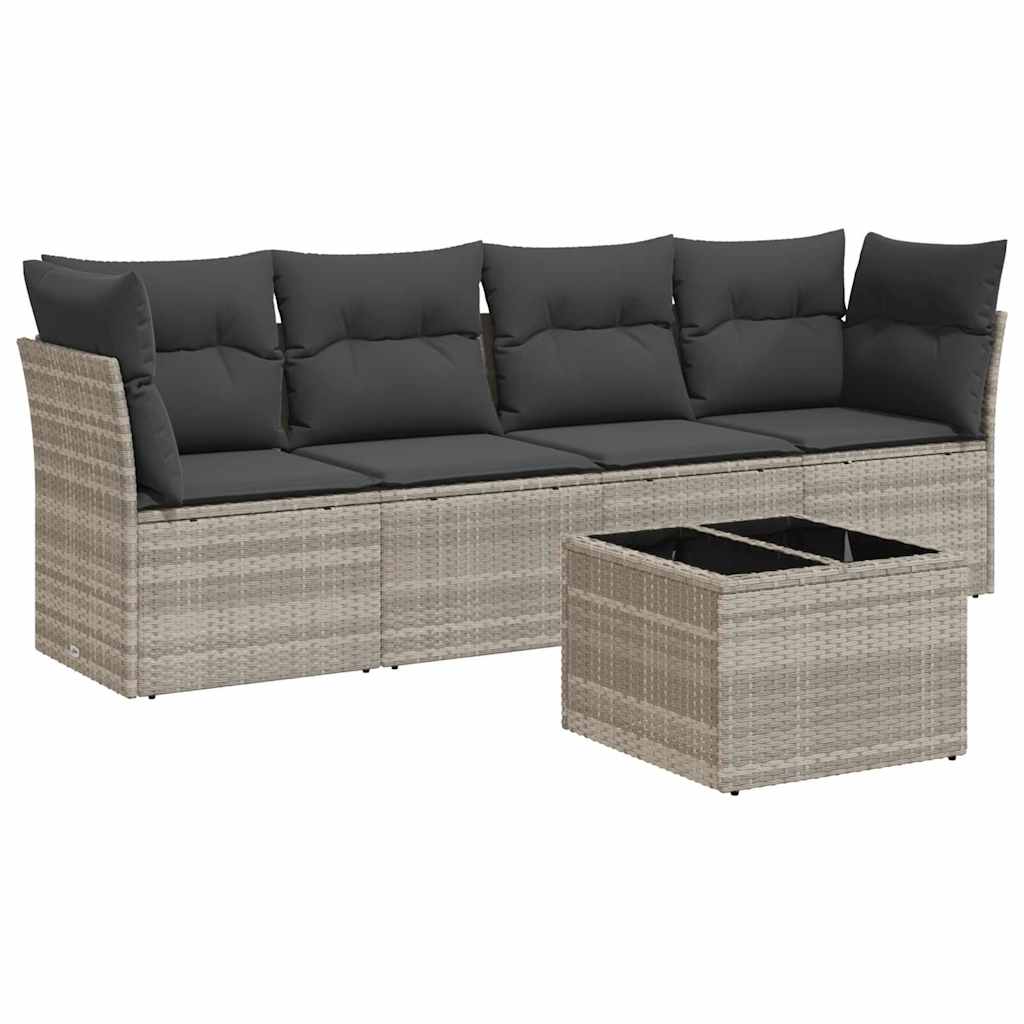 5-tlg. Garten-Sofagarnitur mit Kissen Hellgrau Poly Rattan