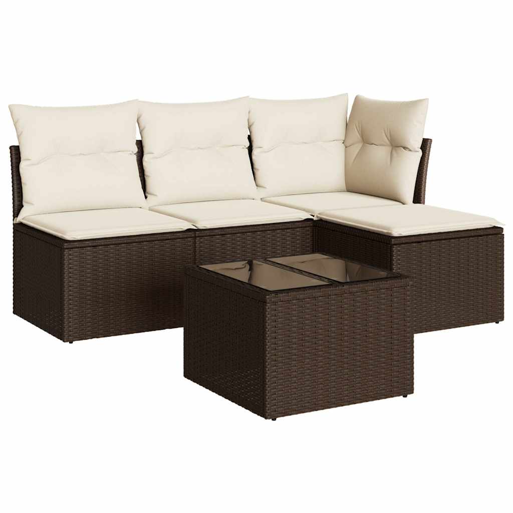 5-tlg. Garten-Sofagarnitur mit Kissen Braun Poly Rattan
