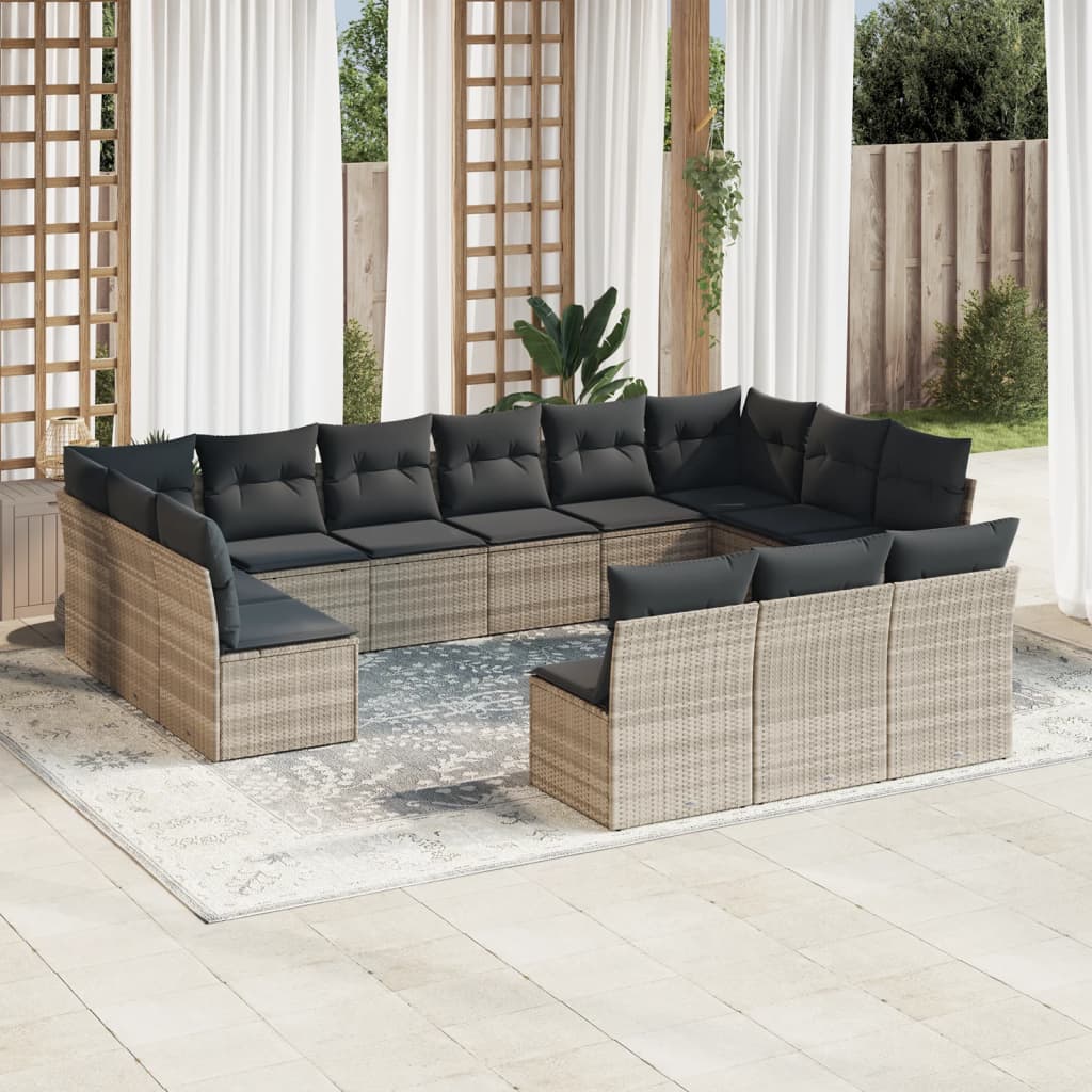 13-tlg. Garten-Sofagarnitur mit Kissen Hellgrau Poly Rattan