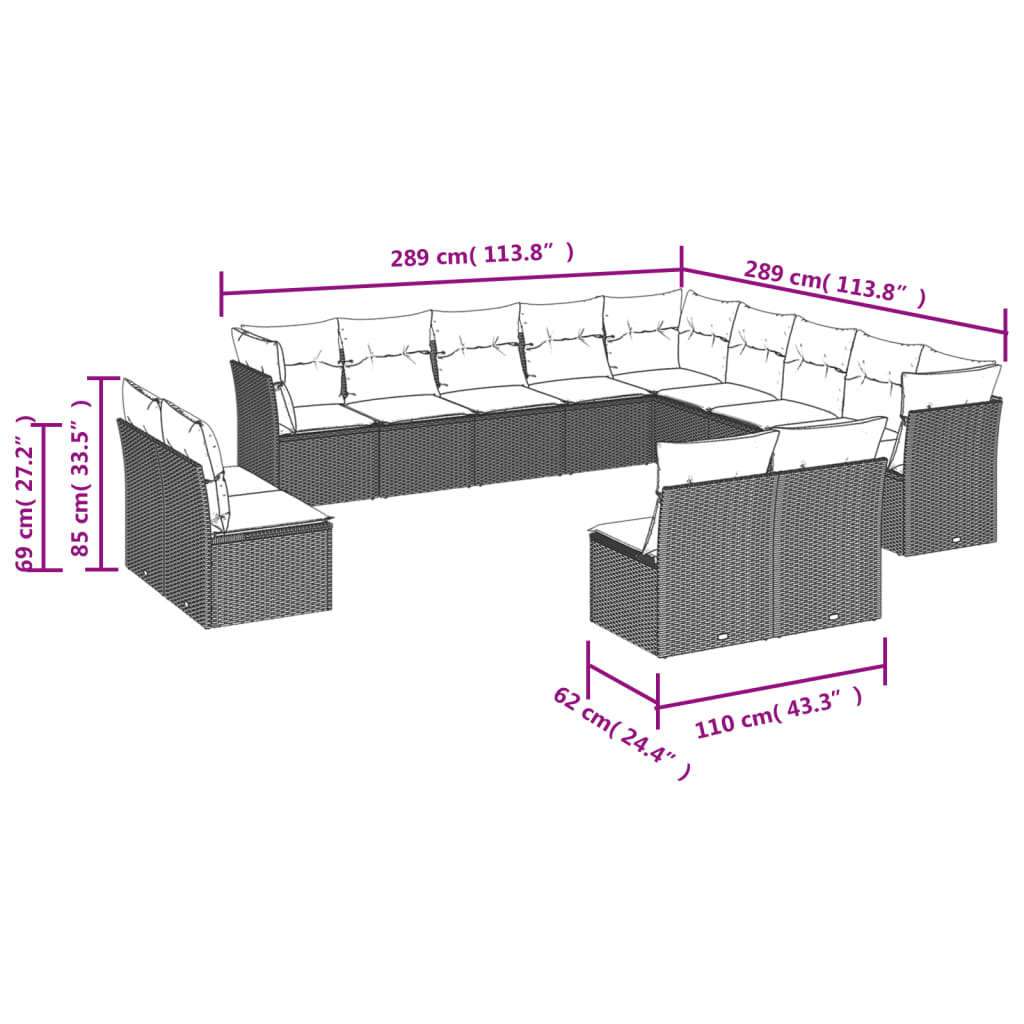 13-tlg. Garten-Sofagarnitur mit Kissen Beige Poly Rattan
