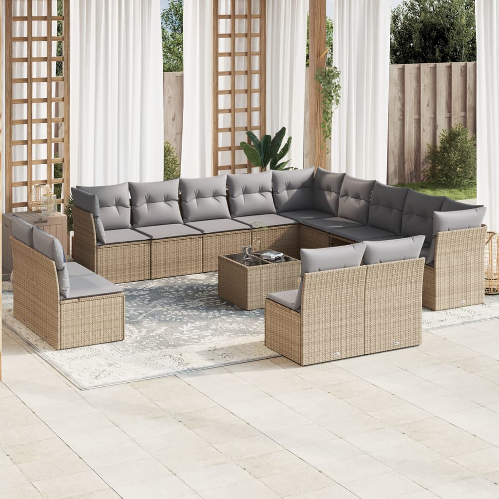 14-tlg. Garten-Sofagarnitur mit Kissen Beige Poly Rattan