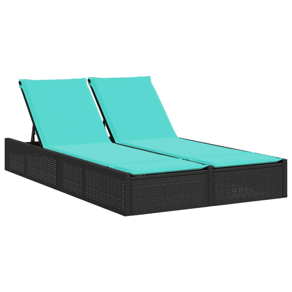 Doppel-Sonnenliege mit Kissen Schwarz Poly Rattan