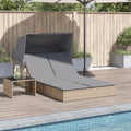 Doppel-Sonnenliege mit Dach und Auflagen Beige Poly Rattan