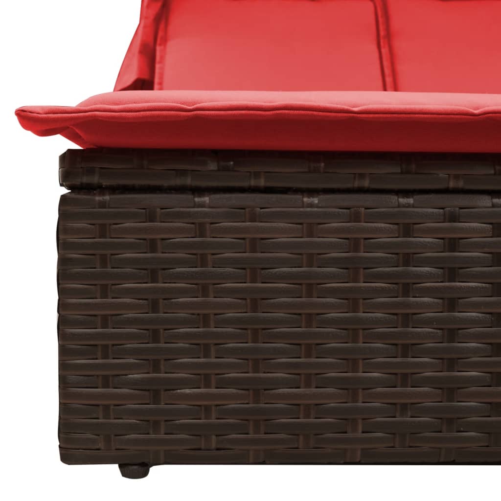Doppelte Sonnenliege mit Baldachin und Kissen, braun, Polyrattan