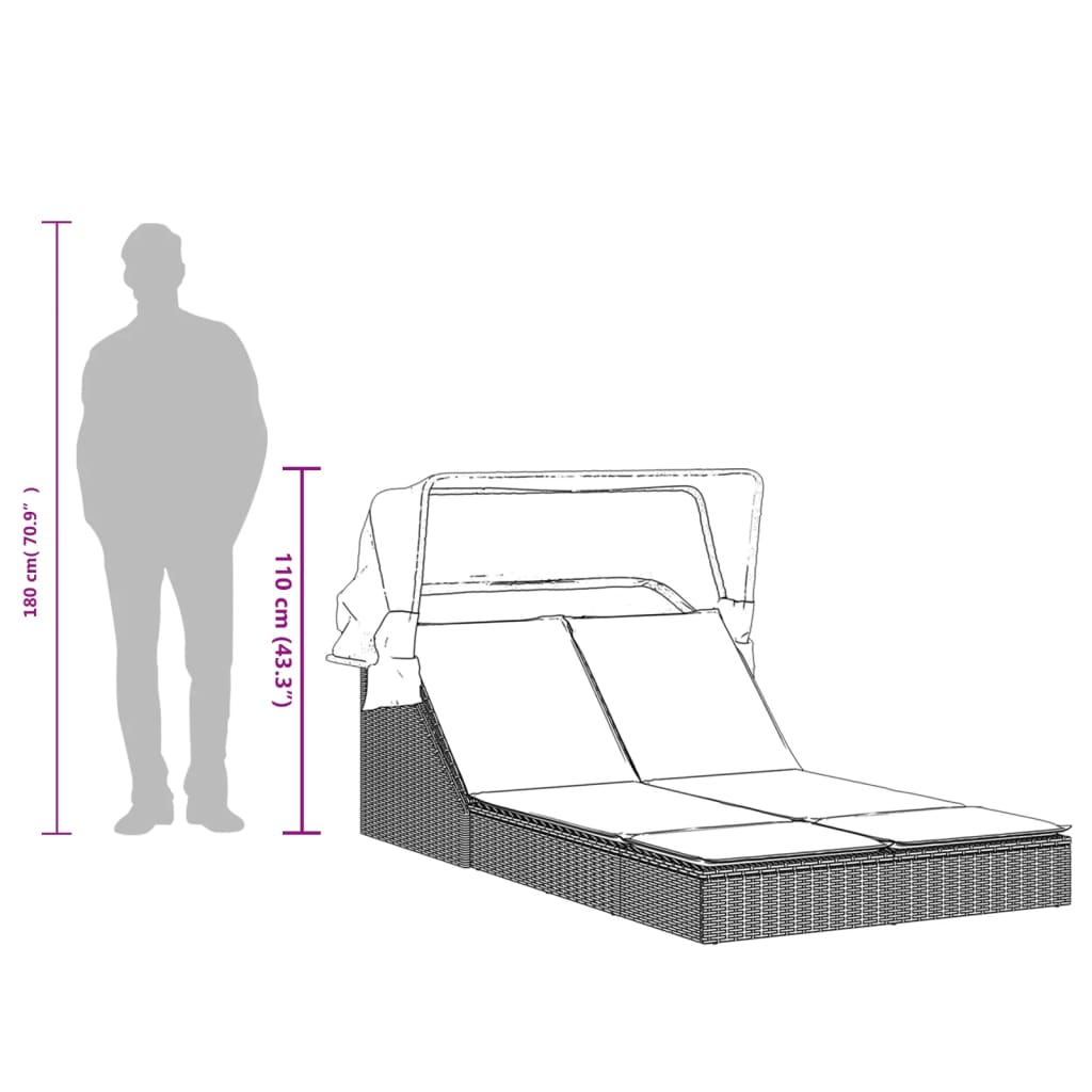 Doppelte Sonnenliege mit Baldachin und Kissen, braun, Polyrattan