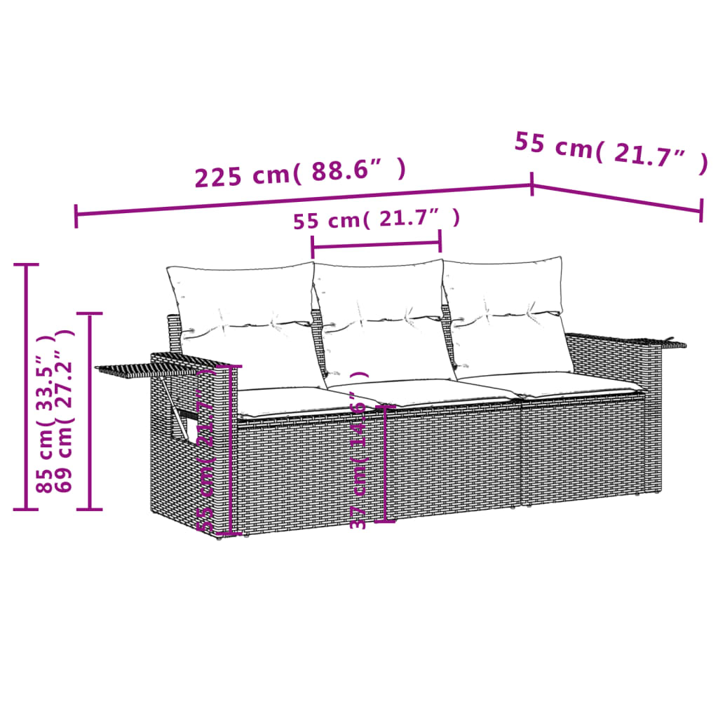 3-teiliges Gartensofa-Set mit Kissen, grau, Polyrattan