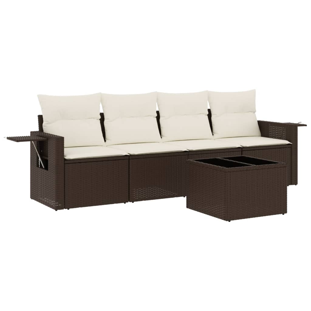 5-tlg. Garten-Sofagarnitur mit Kissen Braun Poly Rattan