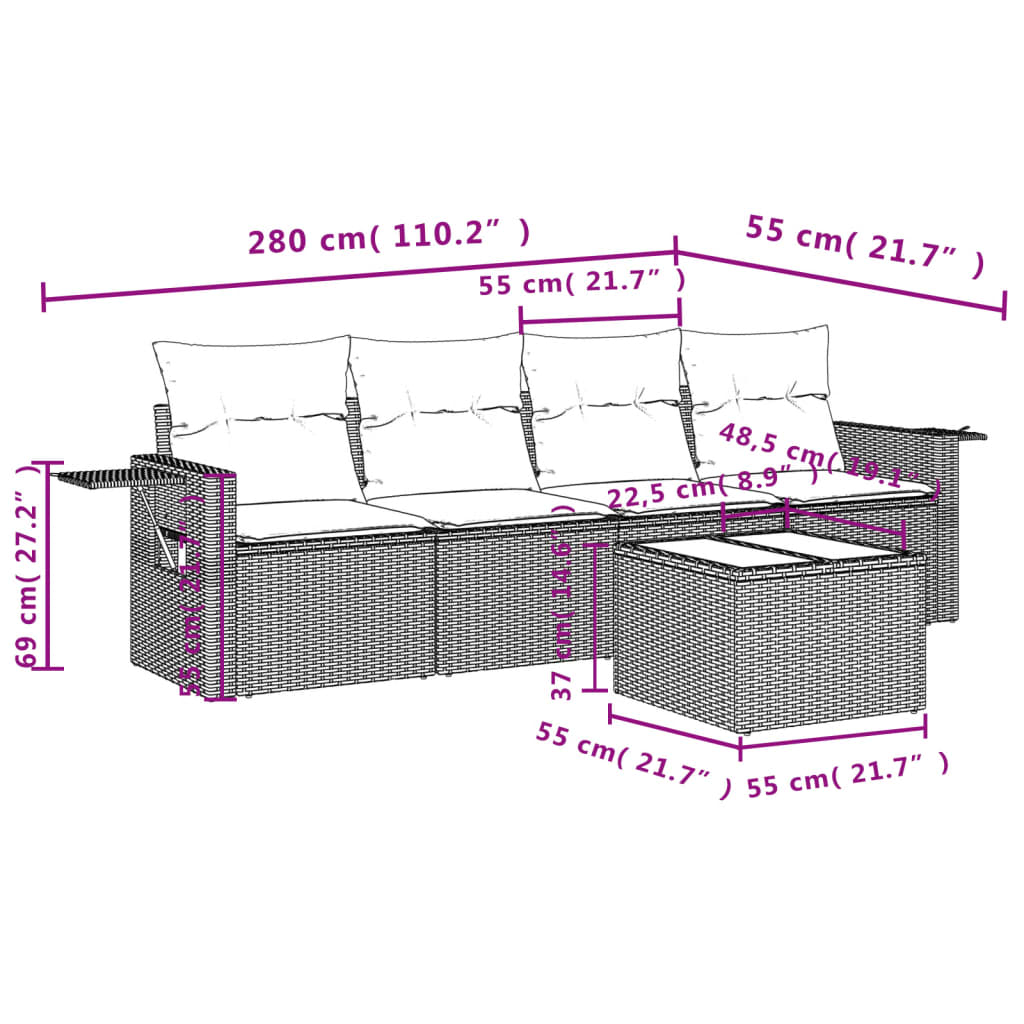 5-tlg. Garten-Sofagarnitur mit Kissen Braun Poly Rattan