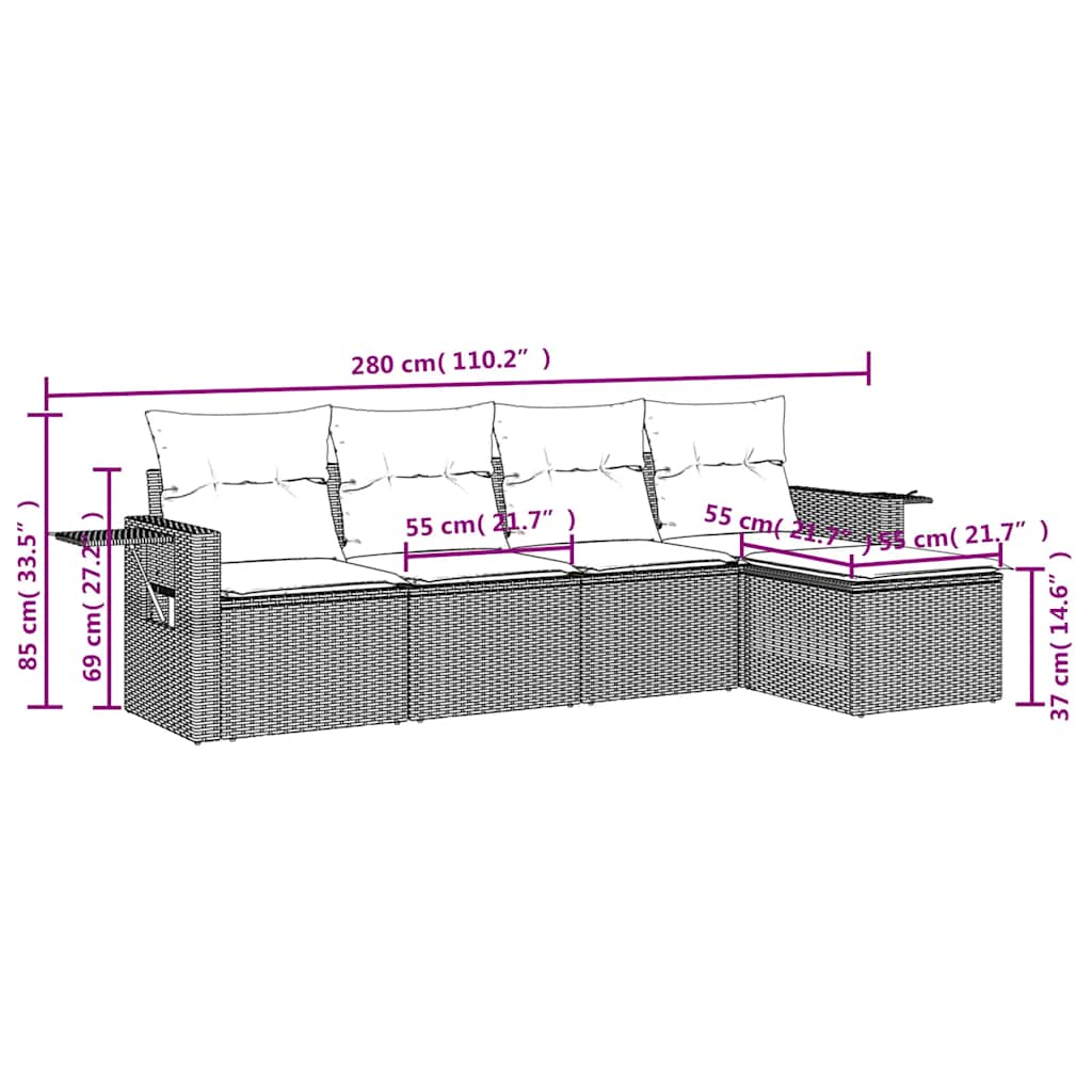 5-tlg. Garten-Sofagarnitur mit Kissen Braun Poly Rattan