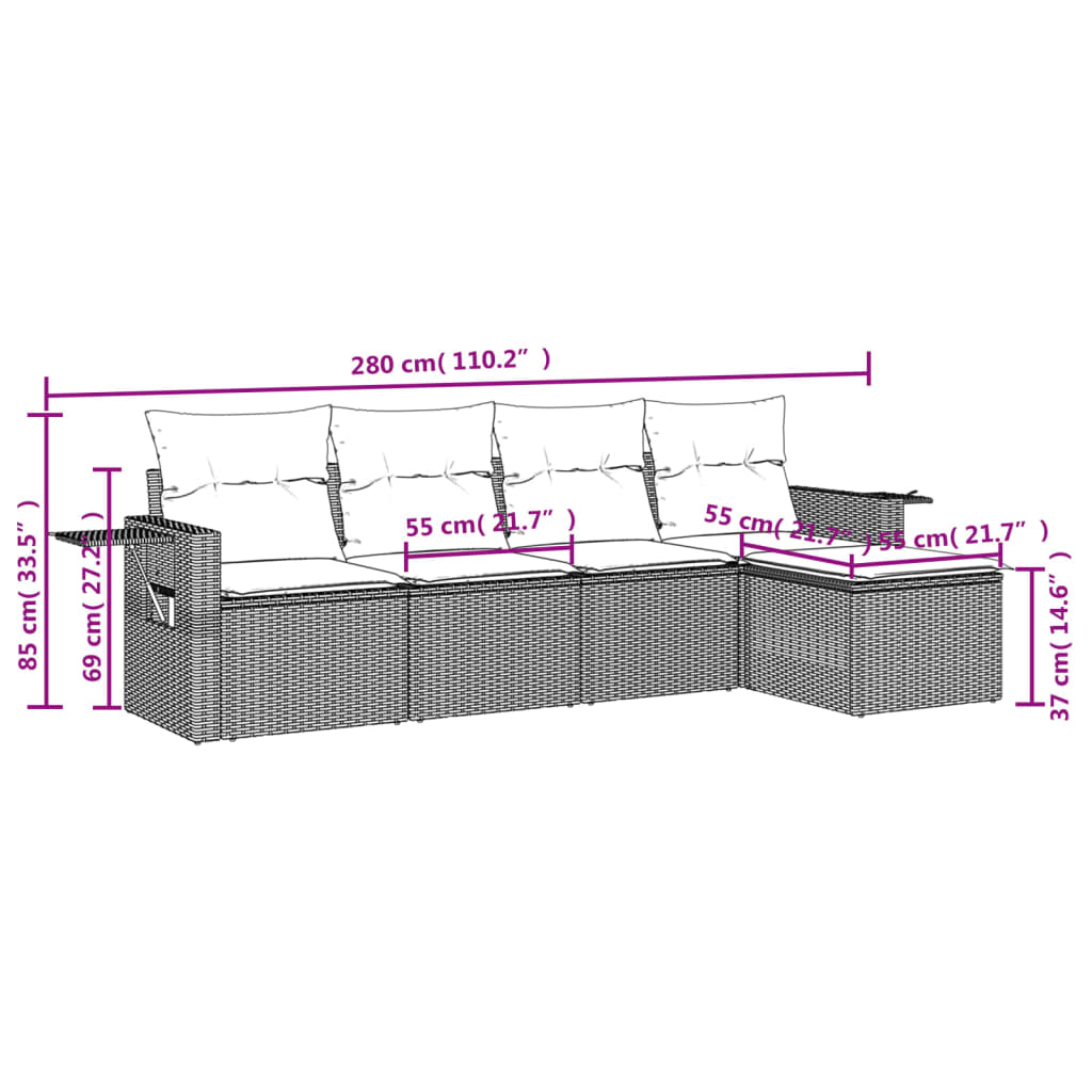 5-teiliges Gartensofa-Set mit Kissen, braun, Polyrattan