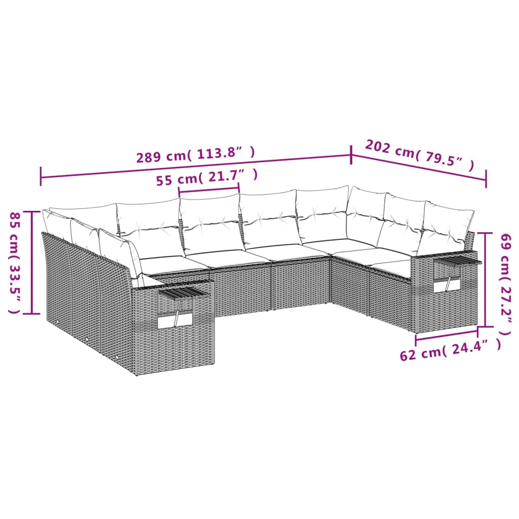 9-teiliges Gartensofa-Set mit Kissen, braun, Polyrattan