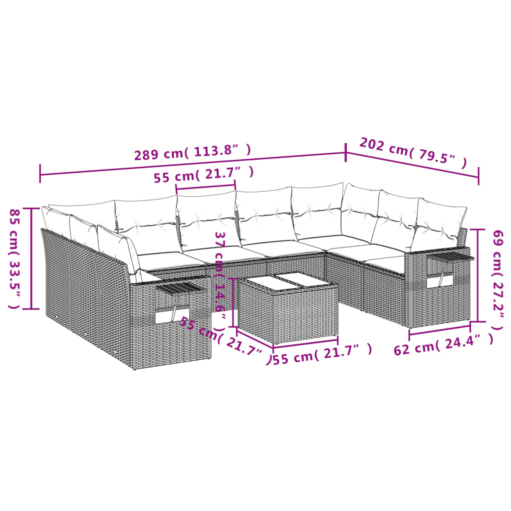 10-teiliges Gartensofa-Set mit Kissen, schwarzes Polyrattan