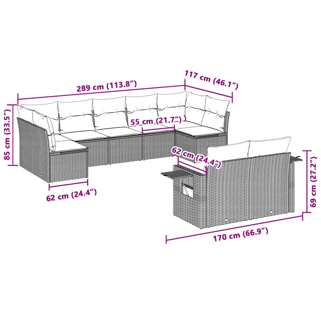9-tlg. Garten-Sofagarnitur mit Kissen Hellgrau Poly Rattan