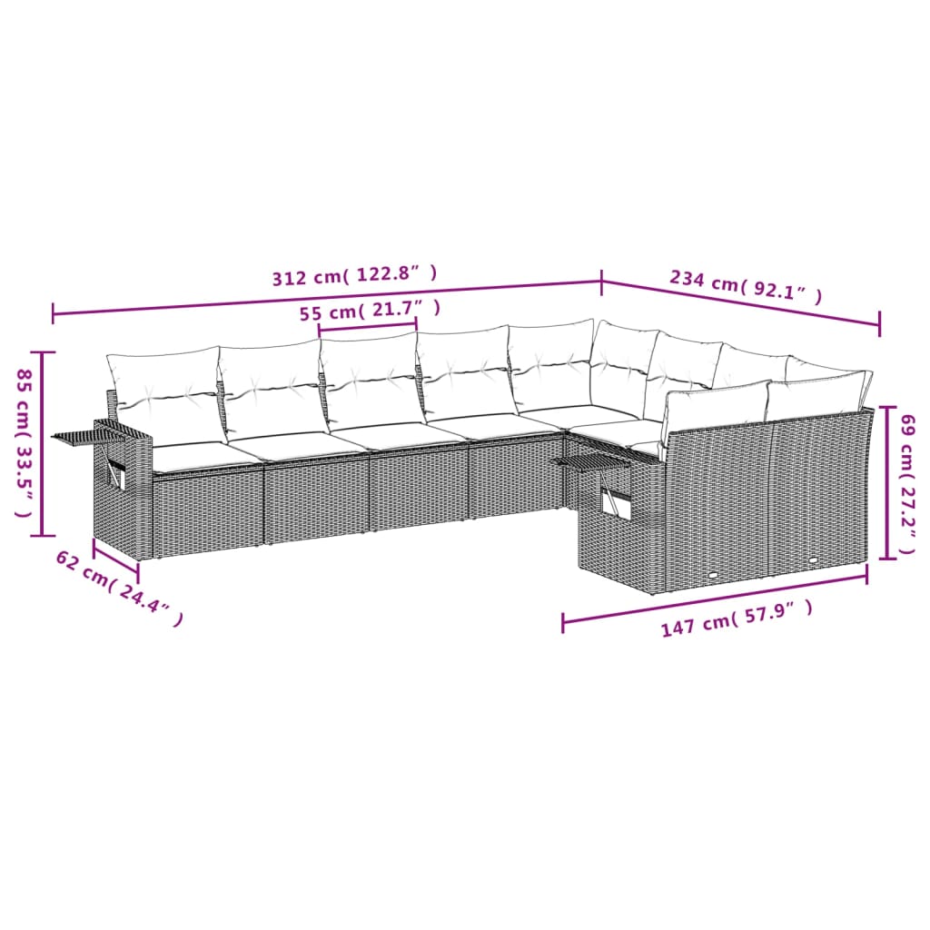9-teiliges Gartensofa-Set mit Kissen, braun, Polyrattan