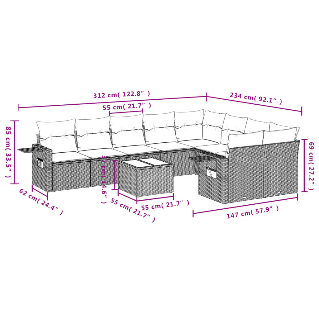 10-teiliges Gartensofa-Set mit Kissen, grau, Polyrattan