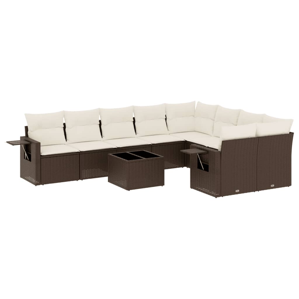 10-tlg. Garten-Sofagarnitur mit Kissen Braun Poly Rattan