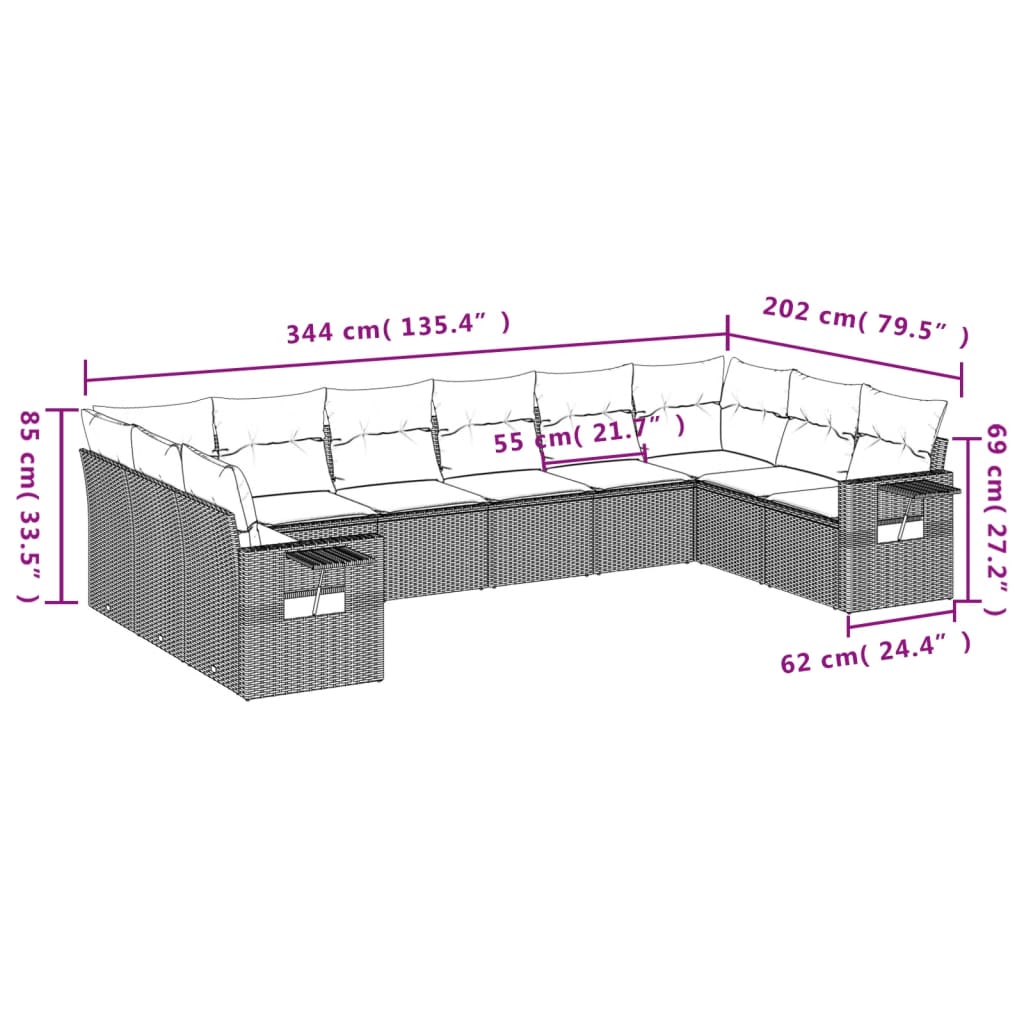 10-teiliges Gartensofa-Set mit Kissen, schwarzes Polyrattan