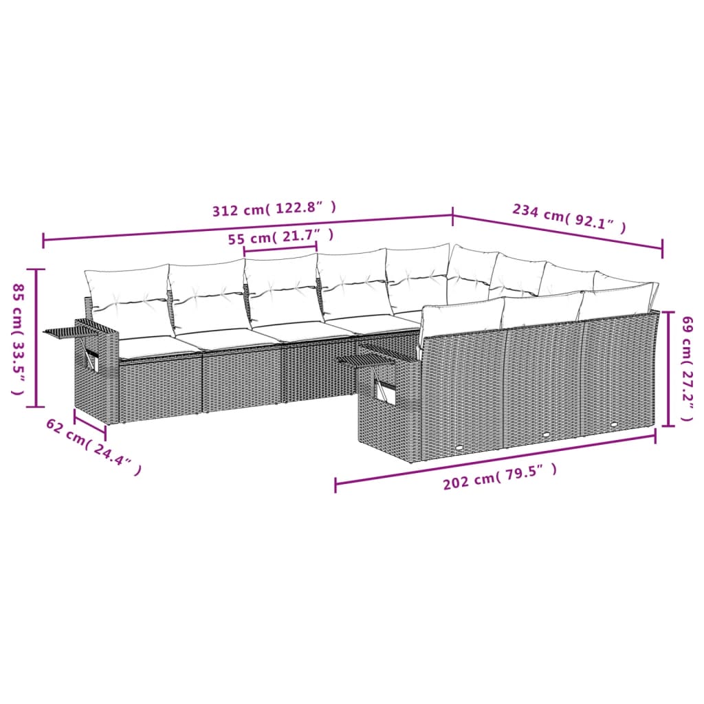 10-teiliges Gartensofa-Set mit Kissen, schwarzes Polyrattan