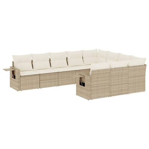 10-tlg. Garten-Sofagarnitur mit Kissen Beige Poly Rattan