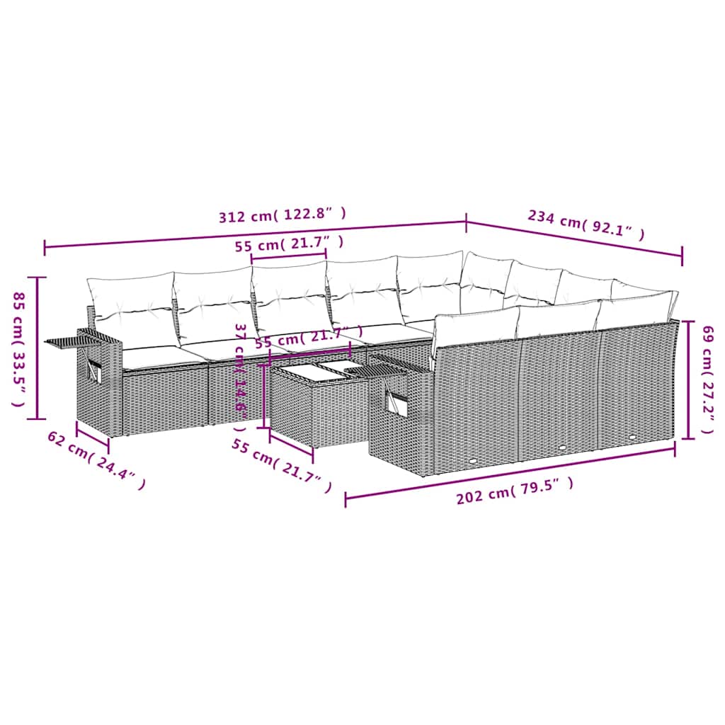 11-tlg. Garten-Sofagarnitur mit Kissen Schwarz Poly Rattan